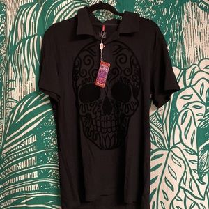 NWT Ay Guey! Skull polo